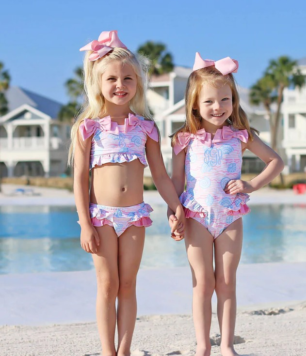 (Pre-order)S0274 Pink Shell Print Girls 1 Piece Swimsuits