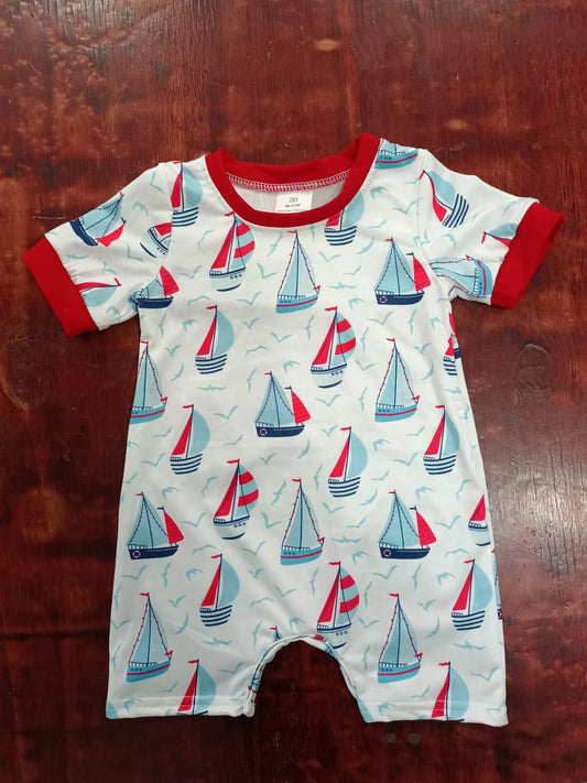 (Custom Design Preorder MOQ 5) Sailboat Print Baby Boys Summer Romper