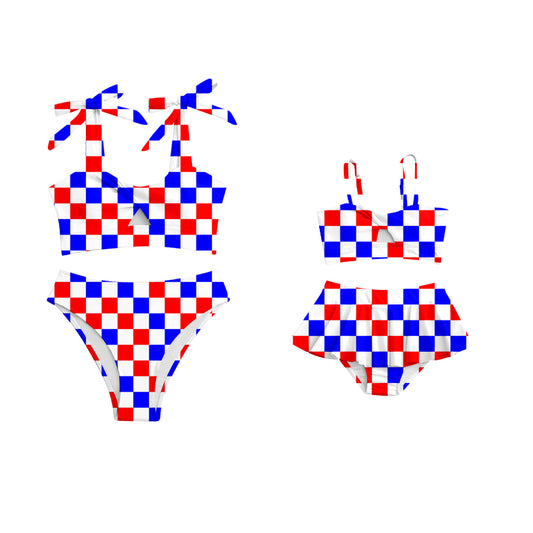 (Pre-order)S0288 Adult Blue Red Plaid Print Woman 2 Pieces 4th of July Swimsuits