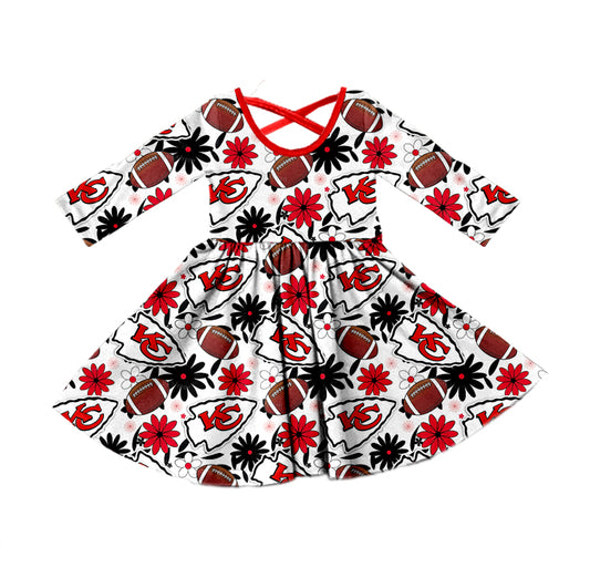 (Custom Design Preorder MOQ 5)  Team's KC Flowers Print Girls Fall Knee Length Dress