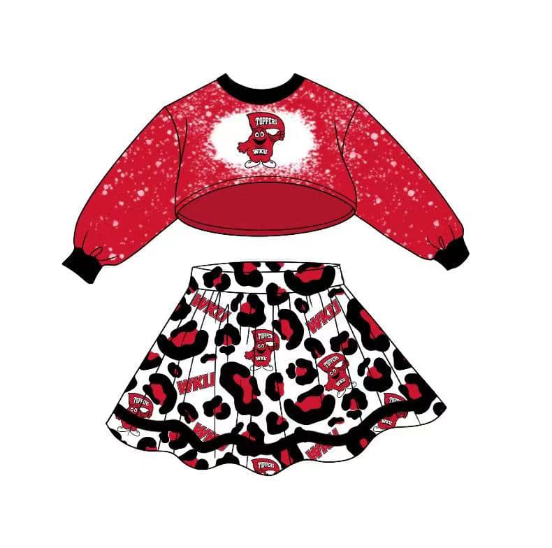 (Custom Design MOQ 5) Wine Long Sleeve Top Leopard Skirts Girls Football Team's Clothes Set