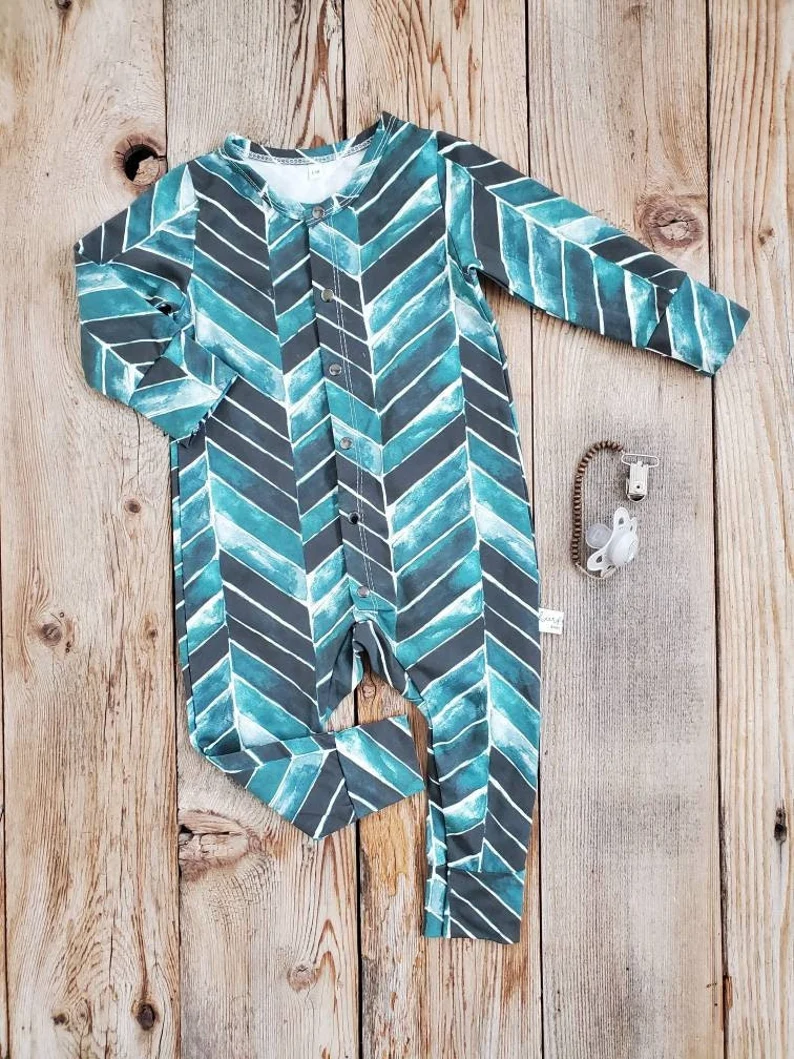 (Custom Design Preorder MOQ 5) Blue Stripes Baby Button Romper