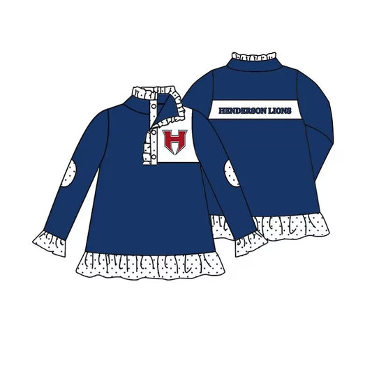 (Custom Design MOQ 5)  Girls dark blue football team's long sleeve button pullover shirts