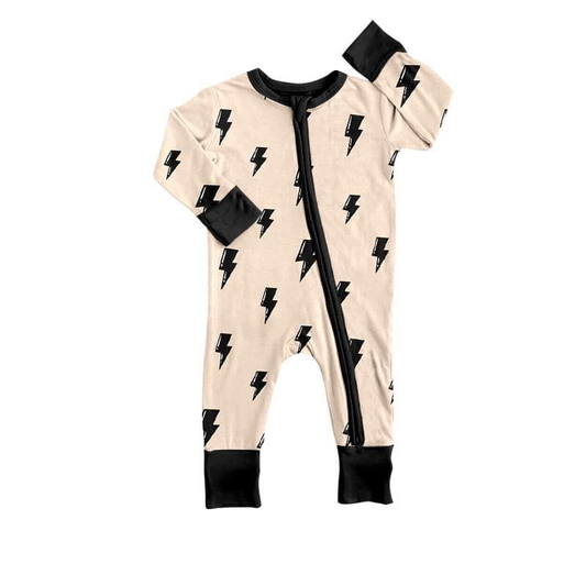 (Custom Design Preorder MOQ 5)  Black Flash Print Baby Zipper Romper