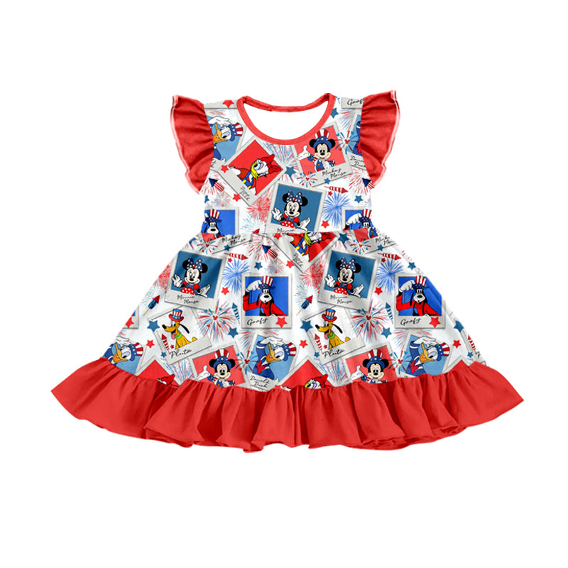 (Custom Design Preorder MOQ 5)  Cartoon Animals Print Girls 4th of July Dress