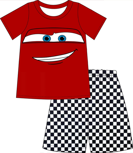 (Custom Design Preorder MOQ 5) Cartoon Car Print Boys Summer Clothes Set