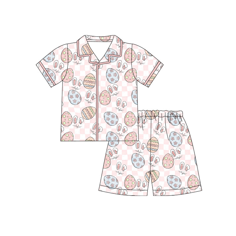 12.10 (Custom Design Preorder MOQ 5) Bunny Eggs Plaid Print Girls Easter Buttons Pajamas Clothes Set