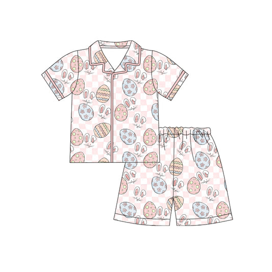12.10 (Custom Design Preorder MOQ 5) Bunny Eggs Plaid Print Girls Easter Buttons Pajamas Clothes Set