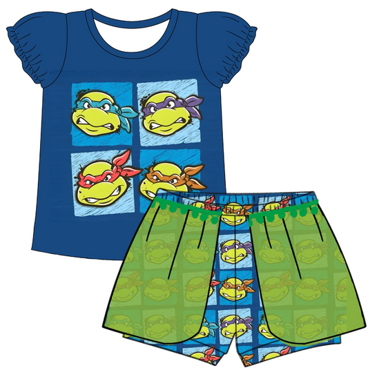 (Custom Design Preorder MOQ 5) Cartoon Tortoise Print Girls Summer Clothes Set