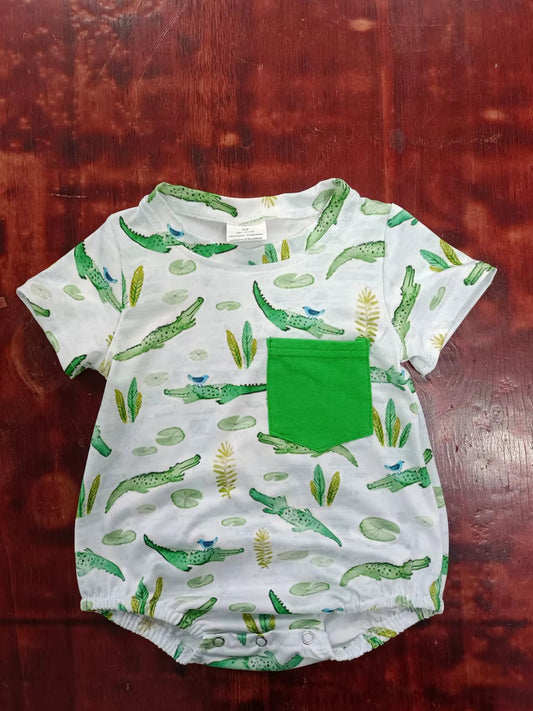 (Custom Design Preorder MOQ 5) Crocodile Green Print Baby Boys Summer Pocket Romper