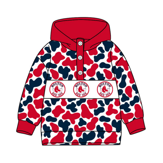 (Custom Design Preorder MOQ 5) Team's BOSTON RED SOX Camo Print Kids Long Sleeve Buttons Hoodie Top