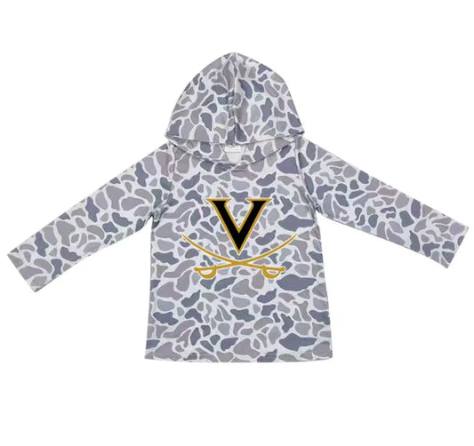 (Custom Design Preorder MOQ 5) Team Vanderbilt Grey Camo Print Kids Long Sleeve Hoodie Top