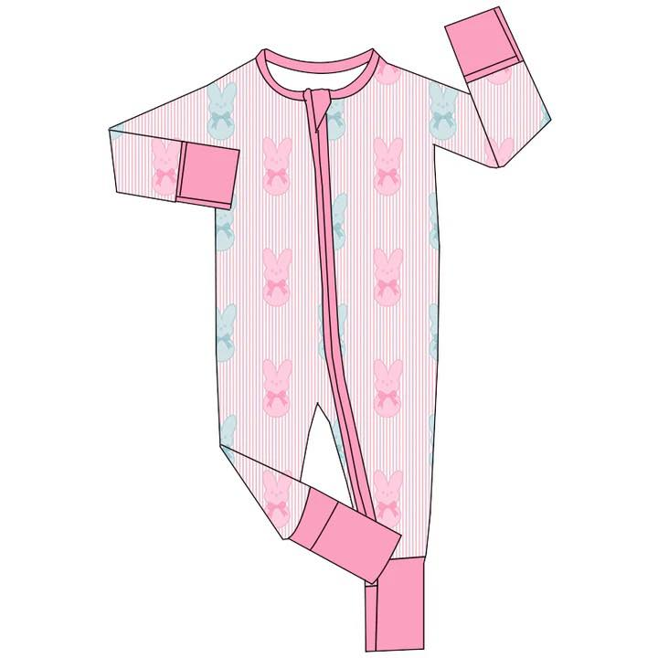 (Custom Design Preorder MOQ 5) Blue Pink Bunny Print Baby Girls Easter Zipper Sleeper Romper