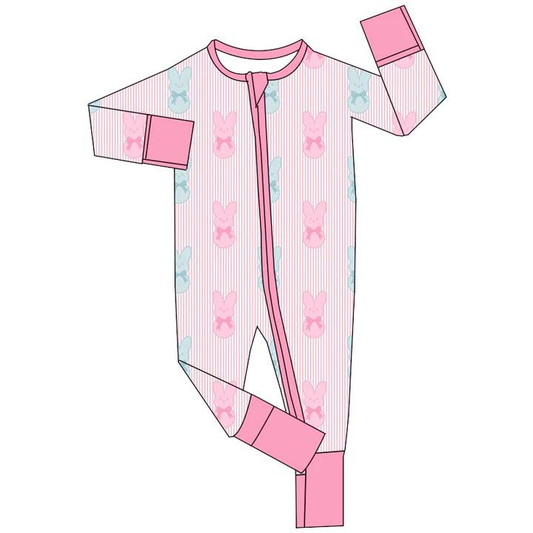 (Custom Design Preorder MOQ 5) Blue Pink Bunny Print Baby Girls Easter Zipper Sleeper Romper