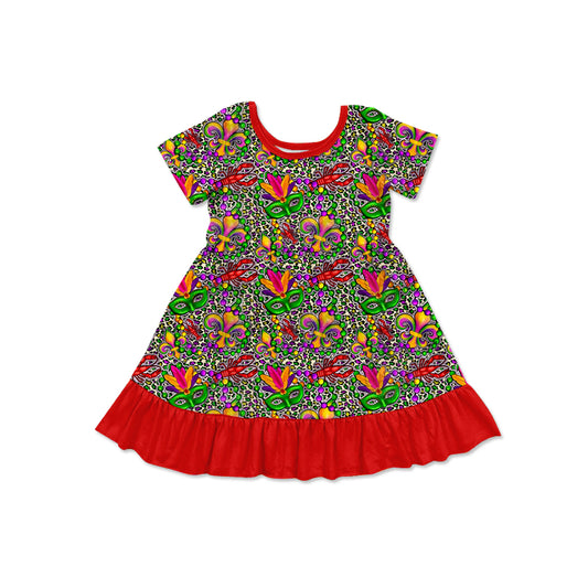 12.4(Custom Design Preorder MOQ 5) Mask Crayfish Leopard Print Girls Mardi Gras Knee Length Dress