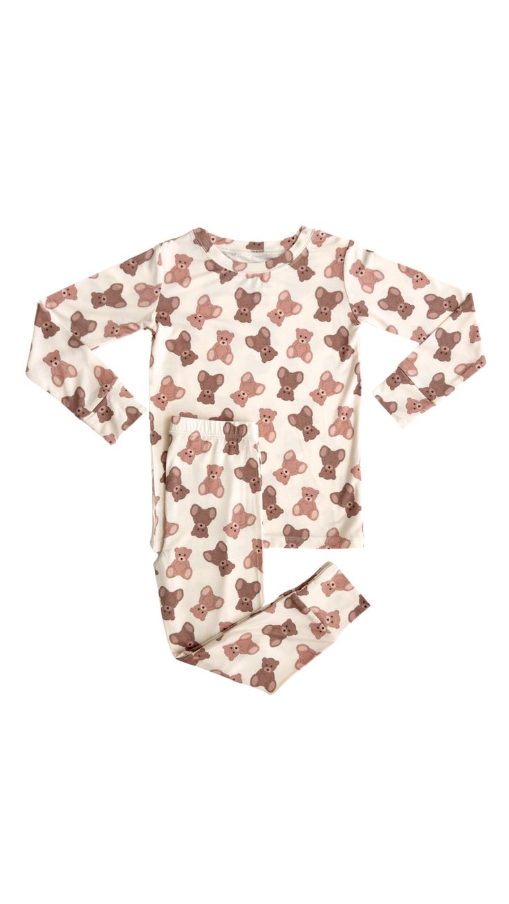 (Custom Design Preorder MOQ 5)  Cute BearBrown Print Kids Fall Pajamas Bamboo Clothes Set