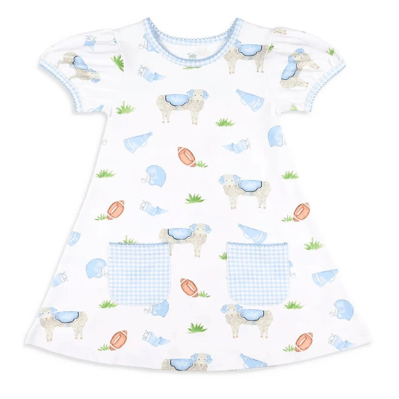 (Custom Design Preorder MOQ 5) Goat Football Blue Plaid Print Girls Summer Knee Length Dress