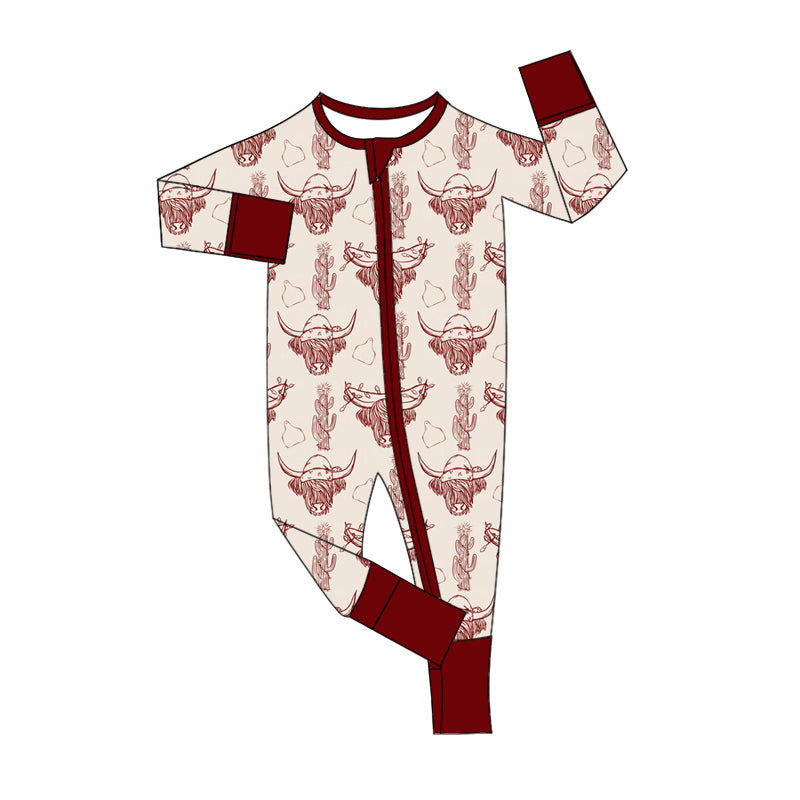 (Custom Design Preorder MOQ 5)  Highland Cow Print Baby Boys Fall Bamboo Sleeper Zipper Romper