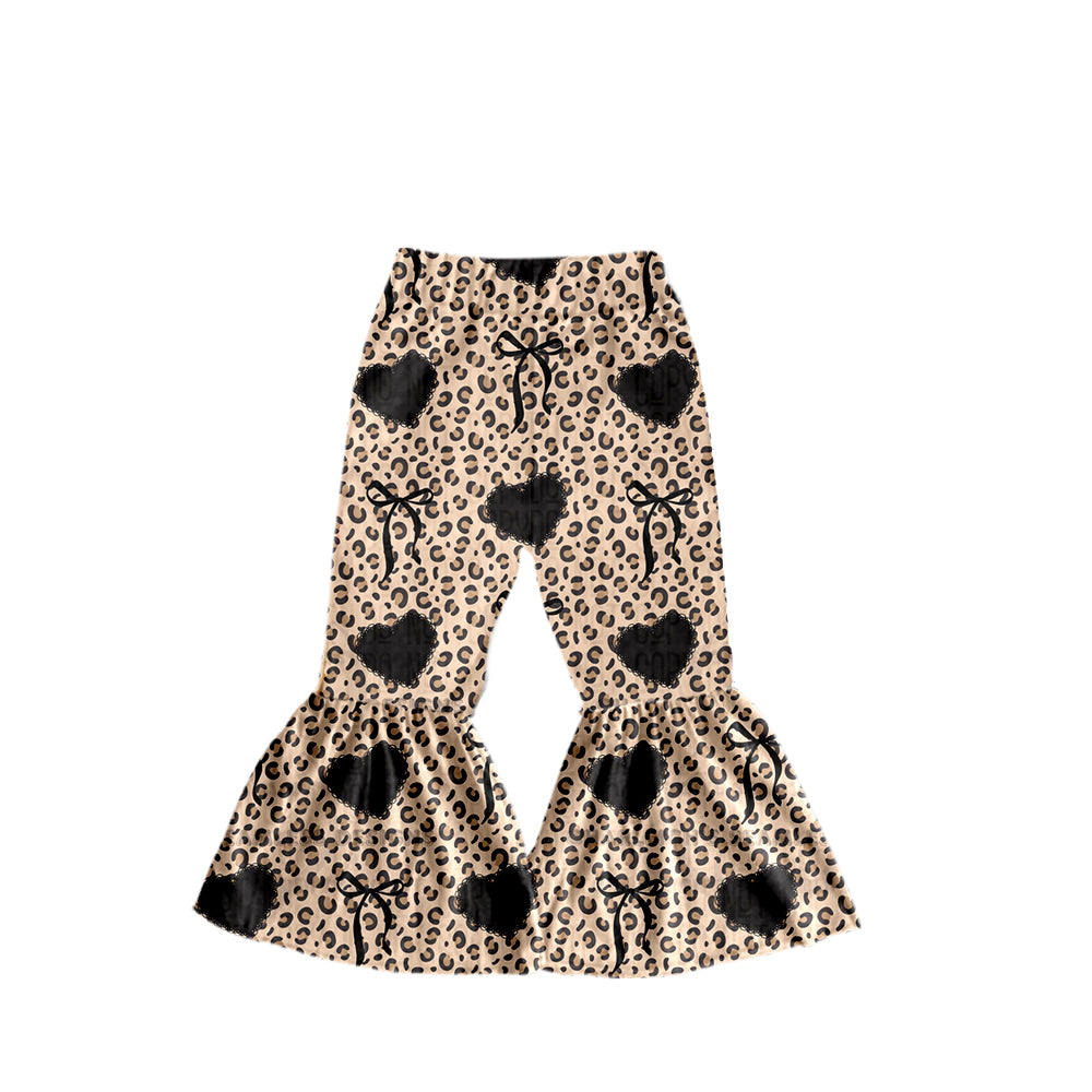 (Custom Design Preorder MOQ 5) Heart Bows Leopard Print Girls Valentine's Day Bell Bottom Pants