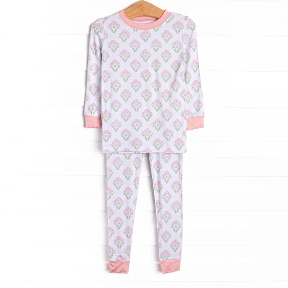 (Custom Design Preorder MOQ 5) Pink Flowers White Print Girls Pajamas Clothes Set