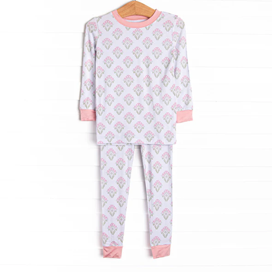 (Custom Design Preorder MOQ 5) Pink Flowers White Print Girls Pajamas Clothes Set