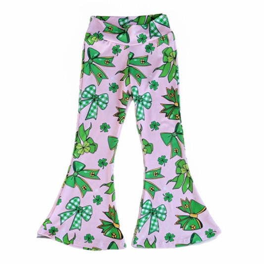 (Custom Design Preorder MOQ 5) Green Bows Print Girls St. Patrick's Day Bell Bottom Pants