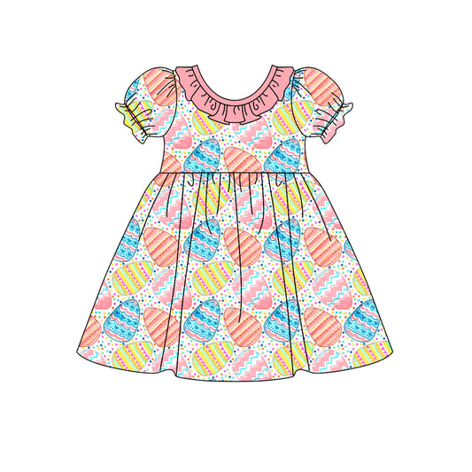 (Custom Design Preorder MOQ 5) Colorful Eggs Print Girls Easter Knee Length Dress