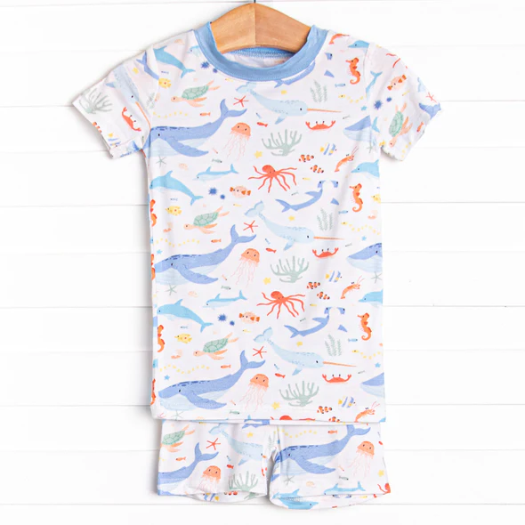 (Custom Design Preorder MOQ 5)  Whale Fish Print Kids Summer Pajamas Clothes Set