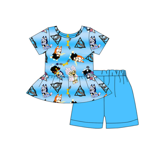 (Custom Design Preorder MOQ 5) Cartoon Dog Top Blue Shorts Girls Summer Clothes Set