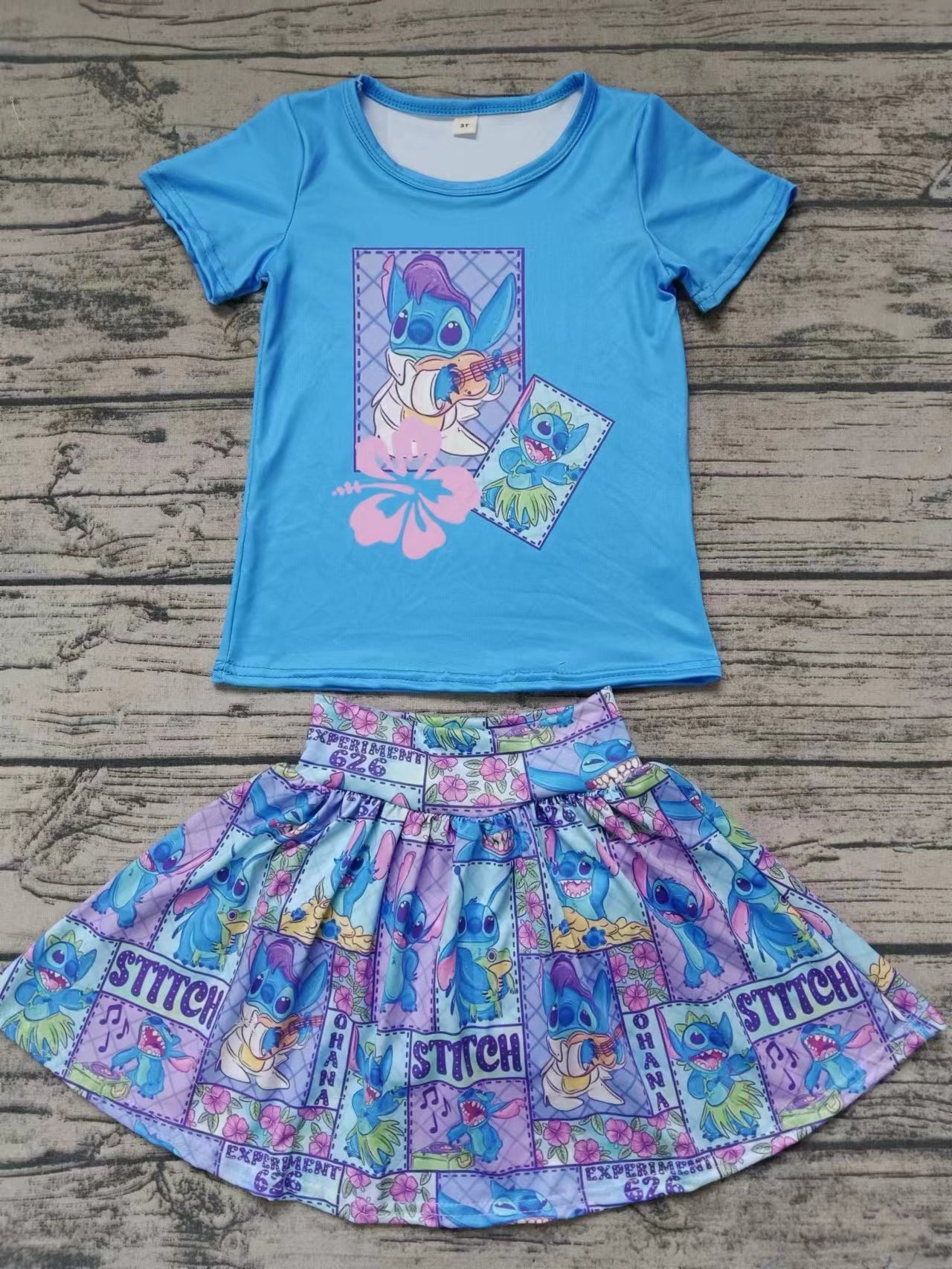 （Custom Design Preorder MOQ 5)Blue Cartoon Animal Print Top Skirts With Shorts Girls Summer Clothes Set