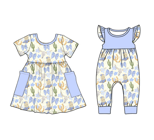 12.9 (Custom Design Preorder MOQ 5 Each Design) Cow Skull Bows Flowers Print Girls Summer Western Matching Clothes Sisters Wear