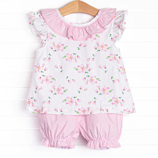 (Custom Design Preorder MOQ 5)  Flowers Top Pink Shorts Girls Summer Clothes Set