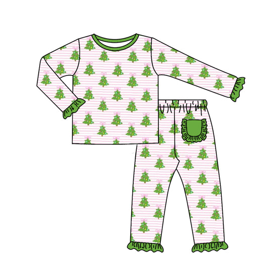 (Custom Design Preorder MOQ 5) Tree Print Girls Christmas Pajamas Clothes Set