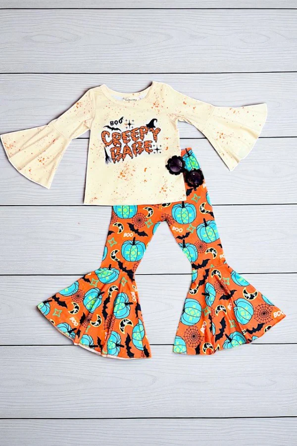 (Custom Design Preorder MOQ 5) BOO BABE Top Pumpkin Bell Pants Girls Halloween Clothes Set