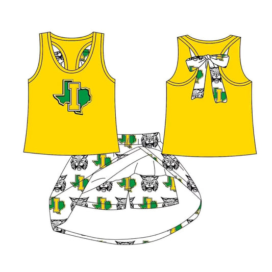 (Custom Design Preorder MOQ 5) Team's I Yellow Top Skirts Shorts Girls Summer Clothes Set