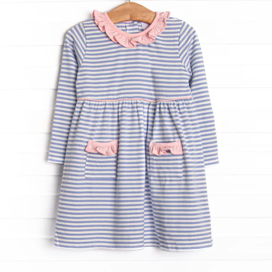(Custom Design Preorder MOQ 5) Blue Stripes Print Pockets Girls Knee Length Dress