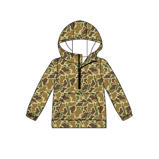 (Custom Design Preorder MOQ 5) Green Camo Print Kids Long Sleeve Hoodie Zipper Tops
