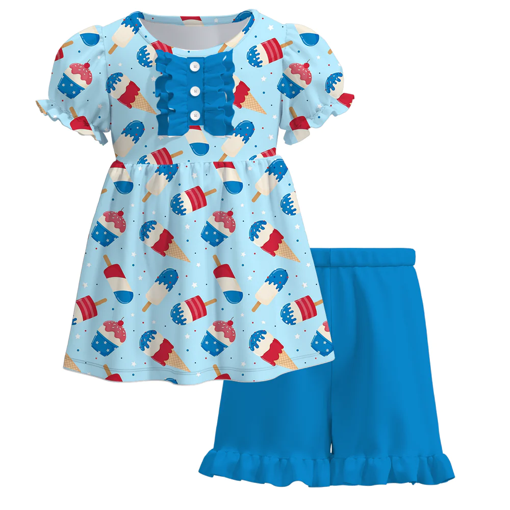 (Custom Design Preorder MOQ 5)  Popsicle Tunic Top Blue Shorts Girls 4th of July Clothes Set