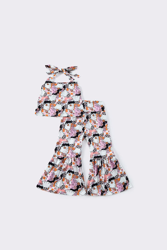 (Custom Design Preorder MOQ 5) Ghost Flowers Halter Top Bell Pants Girls Halloween Clothes Set