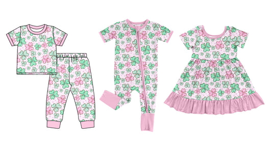 12.9(Custom Design Preorder MOQ 5 Each Design) Leaf Print Girls St. Patrick's Day Matching Clothes Sisters Wear