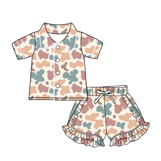 (Custom Design Preorder MOQ 5) Camo Print Girls Summer Pajamas Clothes Set