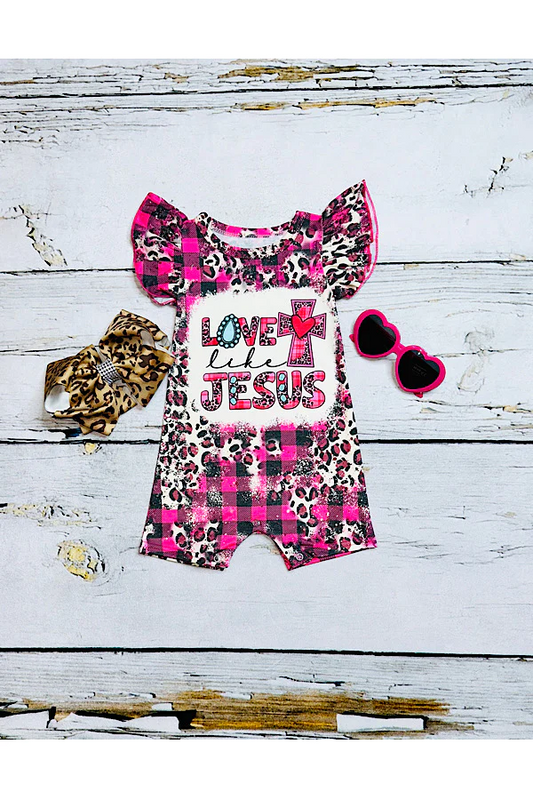 (Custom Design Preorder MOQ 5) LOVE JESUS Cross Pink Leopard Baby Girls Easter Romper