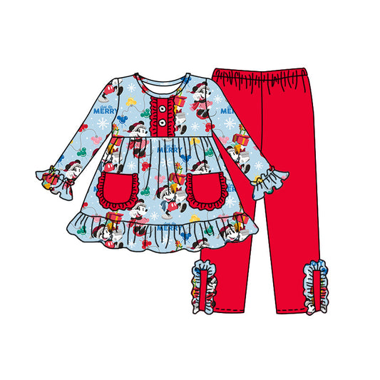 (Custom Design Preorder MOQ 5) Cartoon Mouse Blue Top Red Pants Girls Christmas Clothes Set