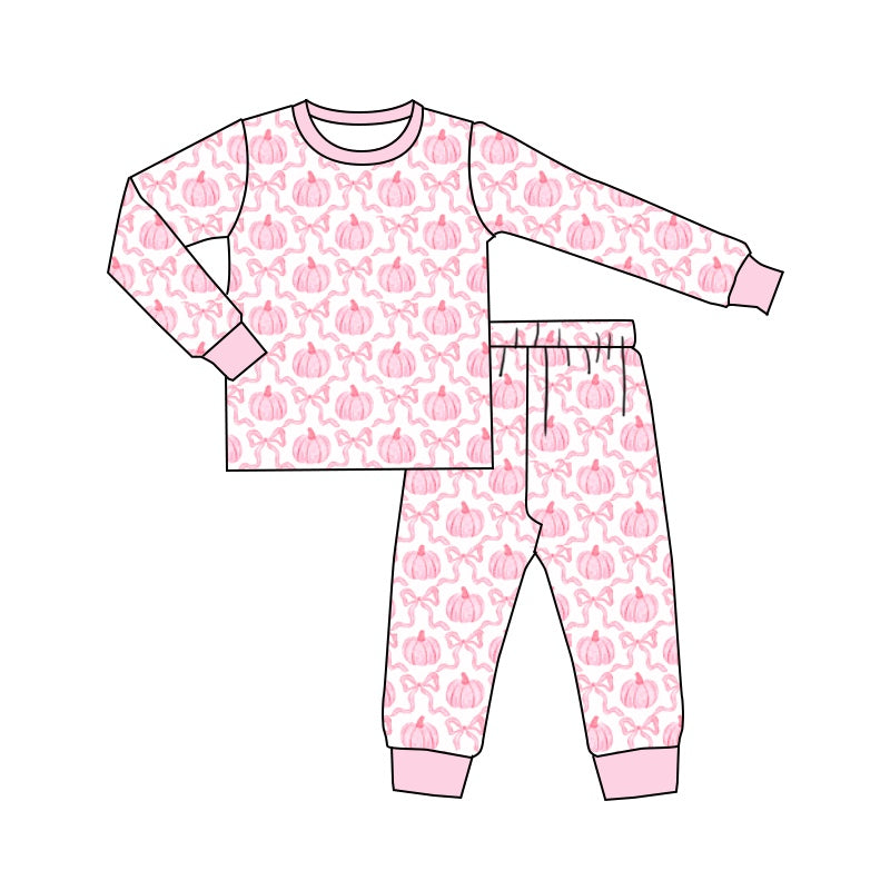 (Custom Design Preorder MOQ 5) Pink Bows Pumpkin Print Girls Fall Pajamas Clothes Set