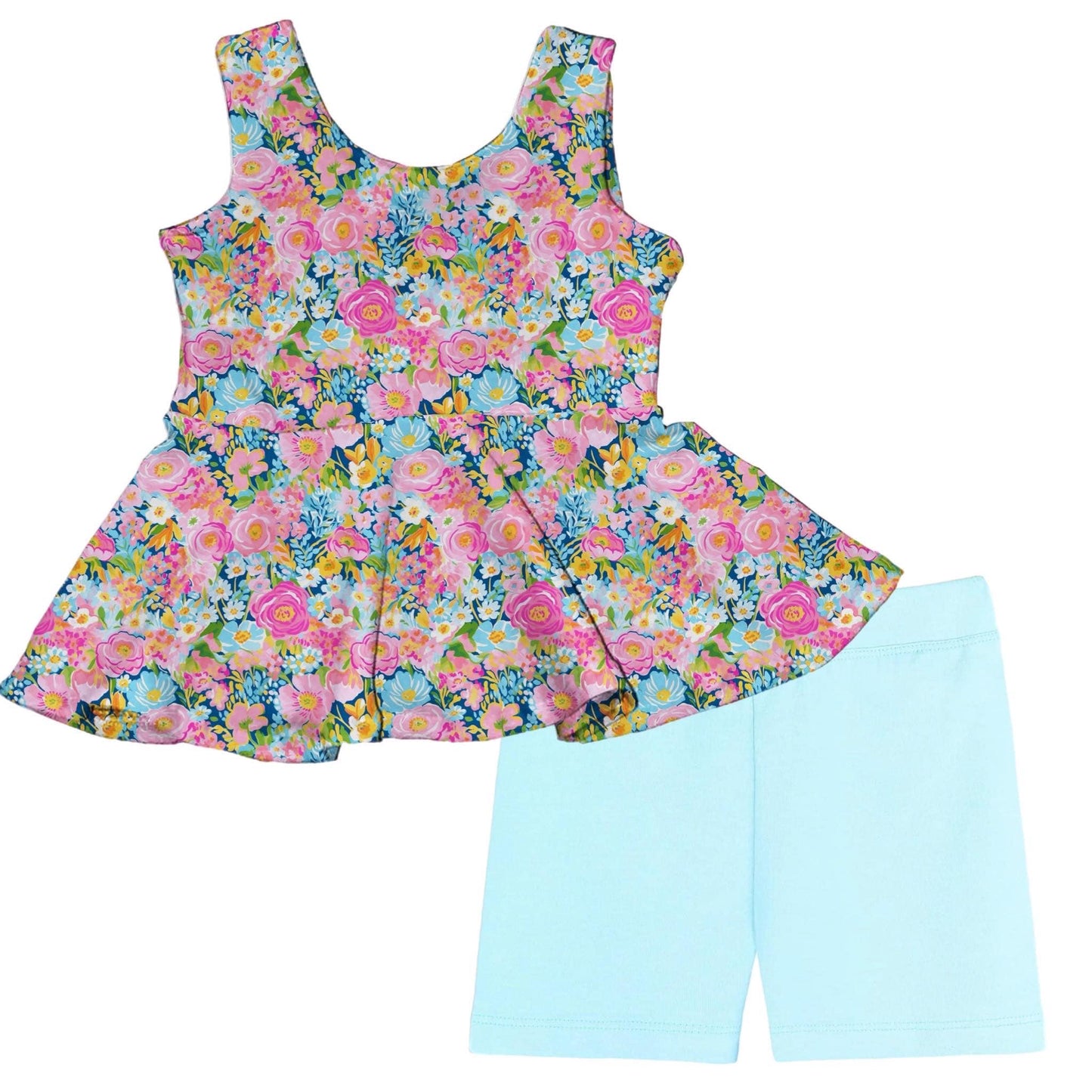 (Custom Design Preorder MOQ 5) Flowers Tunic Top Aqua Shorts Girls Summer Clothes Set