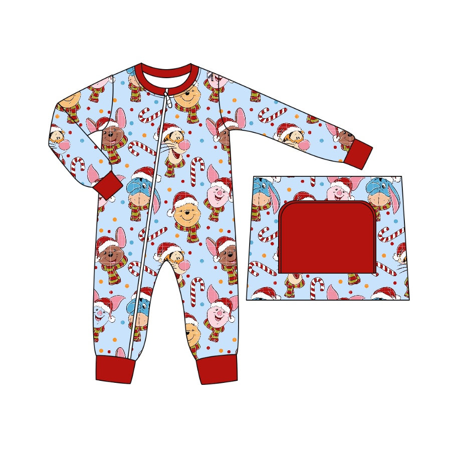 (Custom Design Preorder MOQ 5)  Cartoon Bear Friends Print Baby Boys Bamboo Christmas Sleeper Zipper Romper