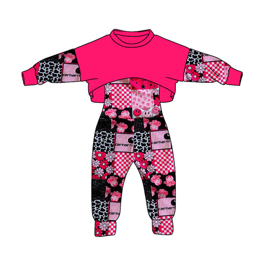 (Custom Design MOQ 5) Hotpink Plaid Flowers Print Girls Western Fall Jumpsuit Clothes Set