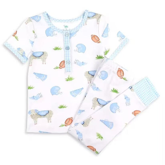 (Custom Design Preorder MOQ 5) Goat Football Blue Plaid Print Kids Pajamas Clothes Set