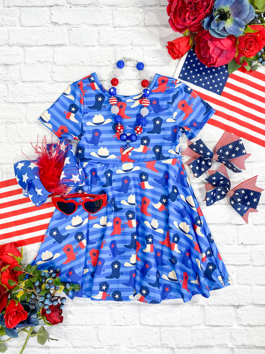 (Custom Design Preorder MOQ 5)  Boots Print Girls Knee Length 4th of July Dress