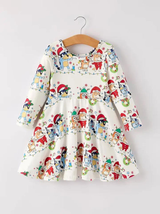 (Custom Design Preorder MOQ 5 ) Cartoon Dog Holly Print Girls Christmas Knee Length Dress